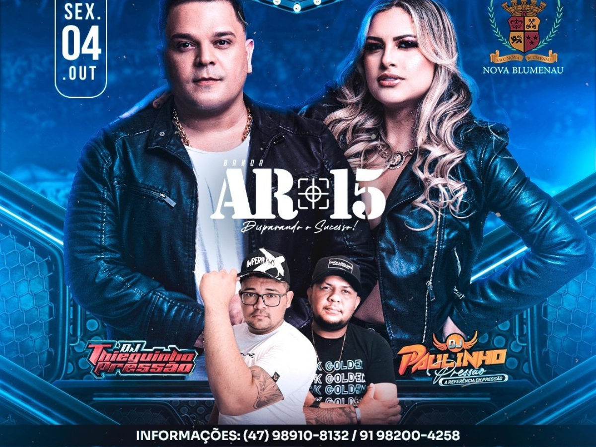 No dia 4 de outubro, a Sociedade Nova Blumenau será palco do evento Rock Marcante Blumenau, com a banda A R-15 e os DJs Paulinho Pressão e Thieguinho Pressão garantindo a animação da noite. Prepare-se para uma sexta-feira cheia de música e diversão!