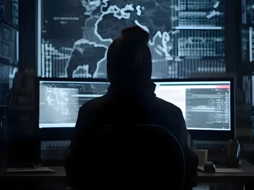 silhouette hacker using computer dark room