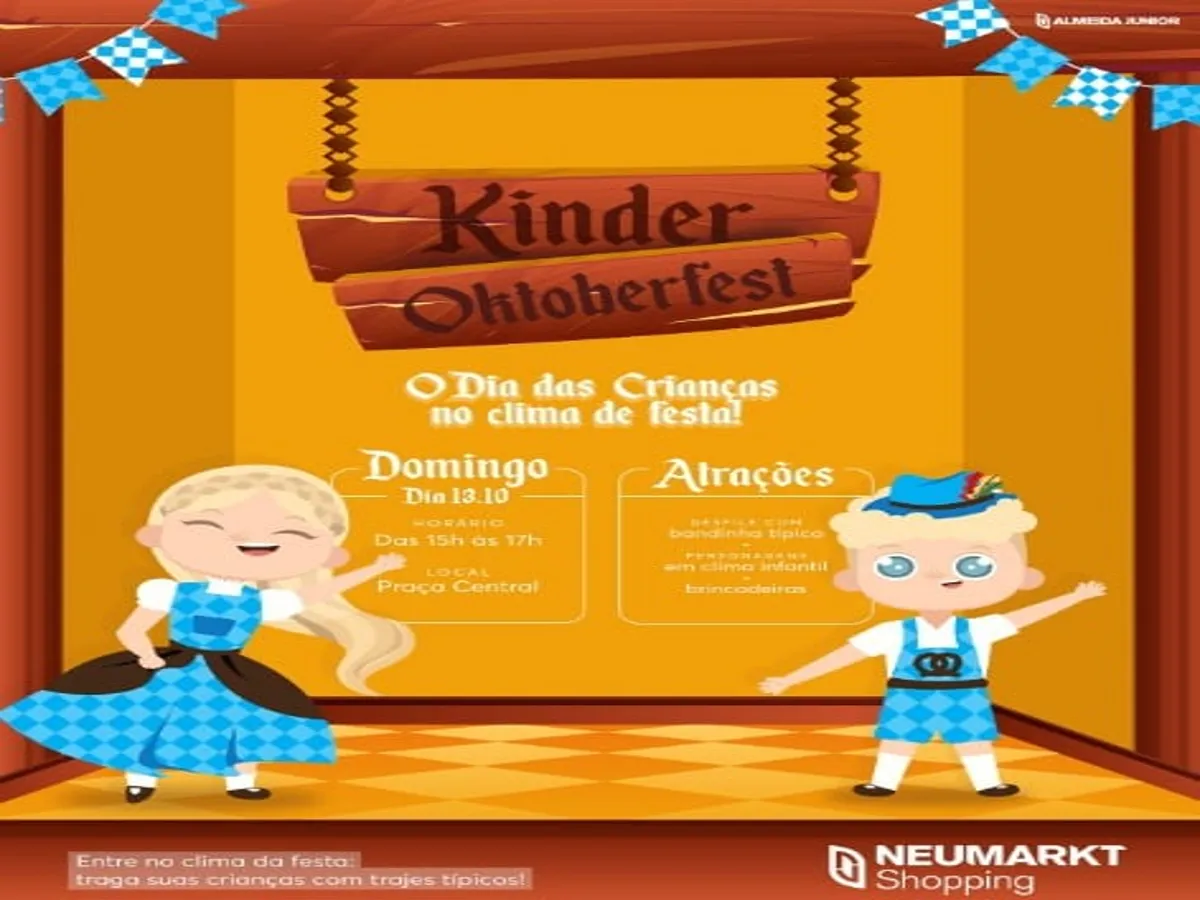 No dia 13 de outubro, traga as crianças para o Bailinho Kinder Oktoberfest no Neumarkt Shopping. Evento gratuito com desfile e brincadeiras.