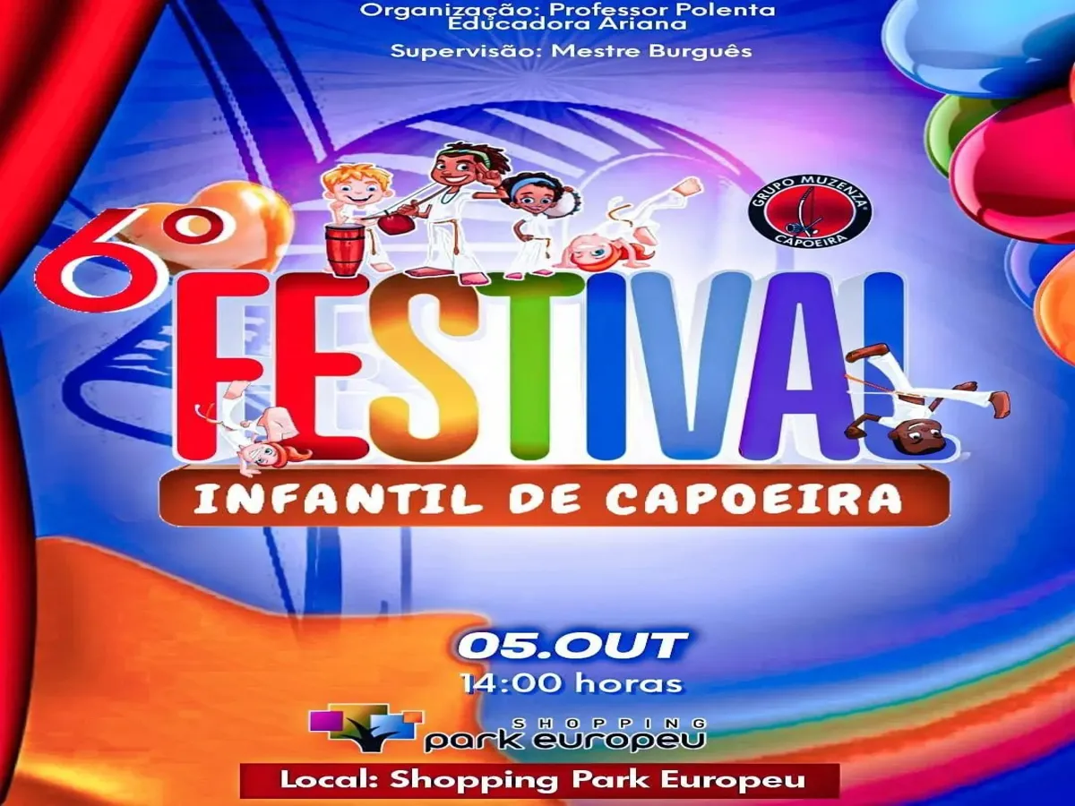 O 6º Festival Infantil de Capoeira do grupo Muzenza acontece em Blumenau no dia 5 de outubro, no Shopping Park Europeu. Evento gratuito!