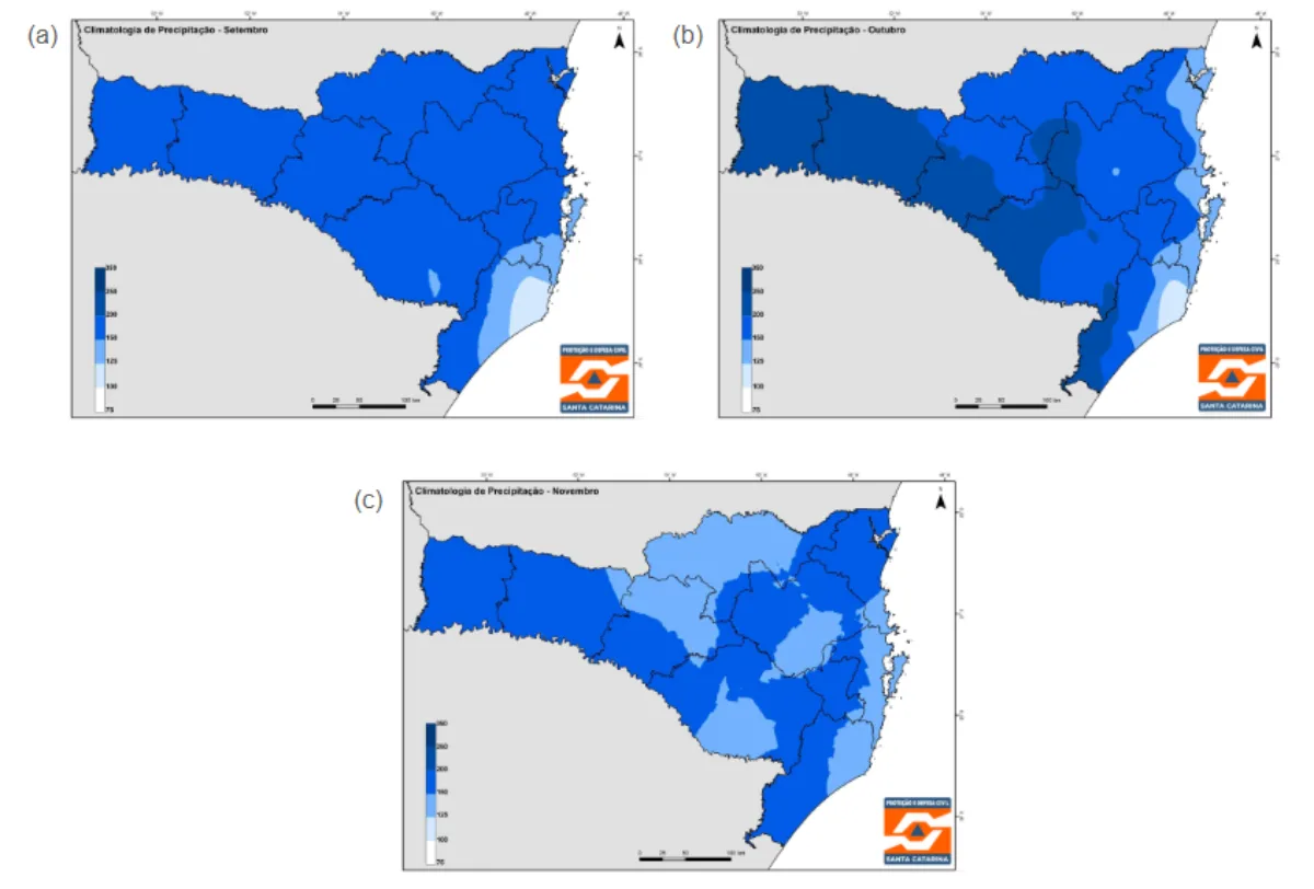 Climatologia da precipitação de Santa Catarina nos meses de (a) setembro, (b) outubro e (c) novembro. Fonte: SPDC/SC através de dados da EPAGRI