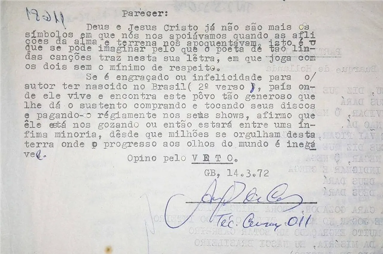 Parecer da censura recomendando a proibição da canção "Partido Alto", de Chico Buarque (Domínio Público / Arquivo Nacional).