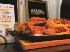 Porção de frango frito crocante acompanhada de batatas fritas