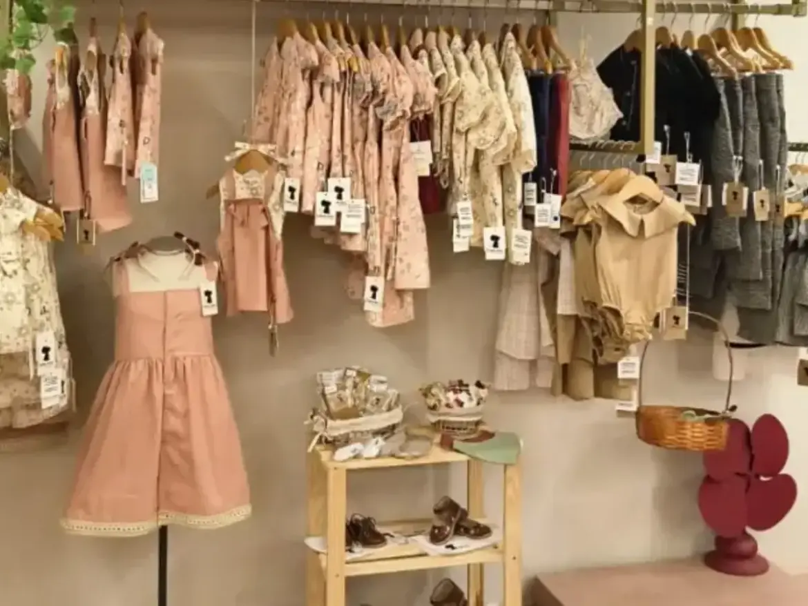 Loja de roupas infantis com estilo artesanal e romântico